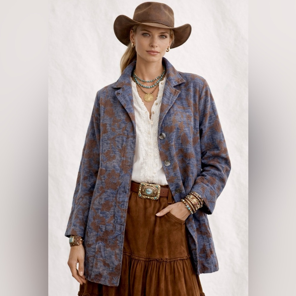 Vintage CMC Boho Blue and Brown Velvet Floral Brocade Western Women's Jacket